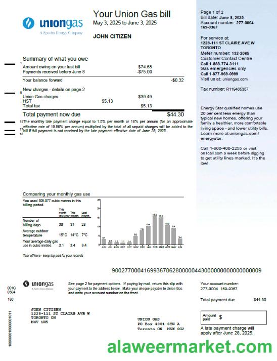 Canada Union Gas utility bill template in Word and PDF formats